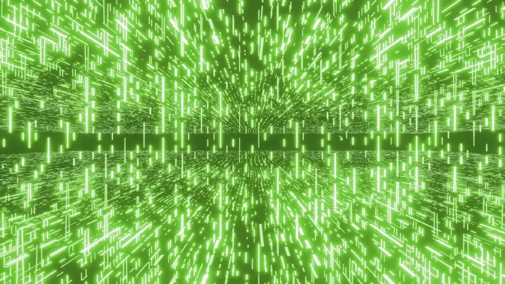 Abstract green streaks of light and code forming a glowing digital tunnel