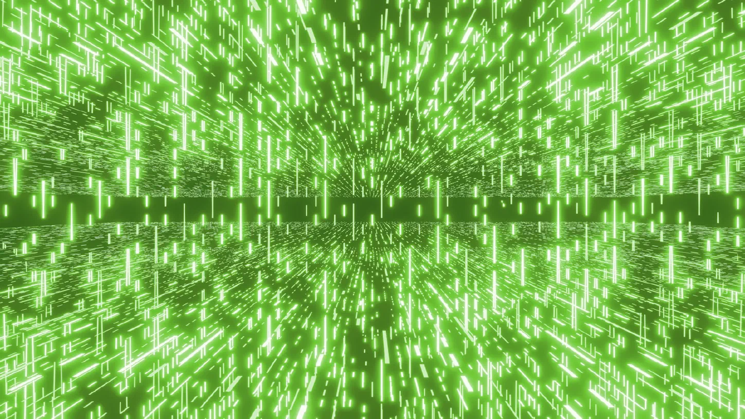 Abstract green streaks of light and code forming a glowing digital tunnel