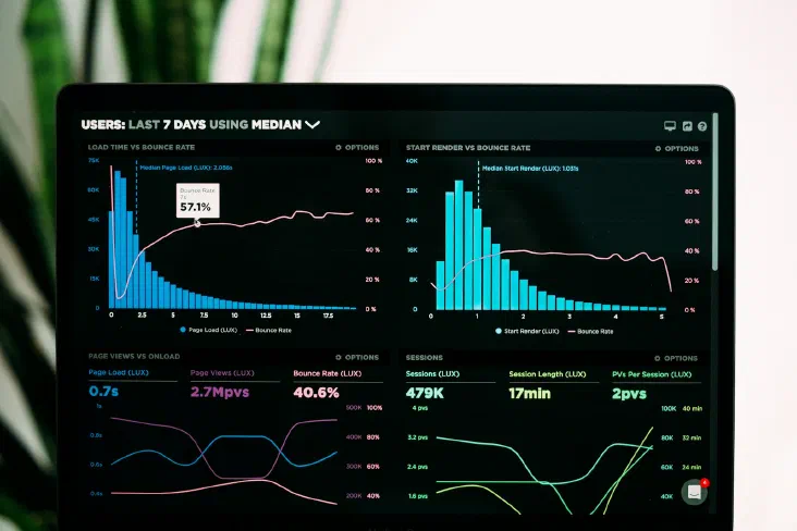 Laptop screen displaying performance analytics graphs and data visualizations