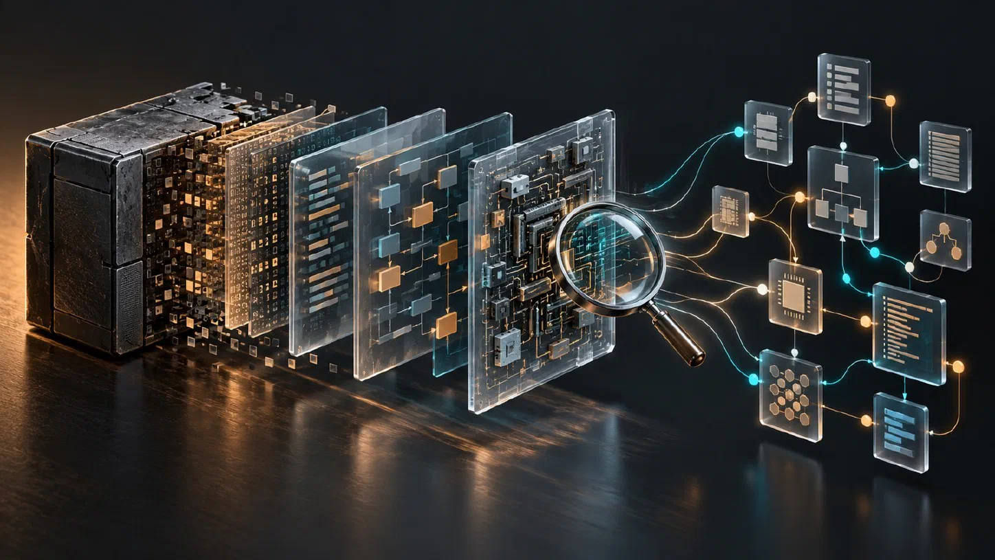 Illustration of a compiled software block opening into glass layers and a graph of connected evidence nodes.