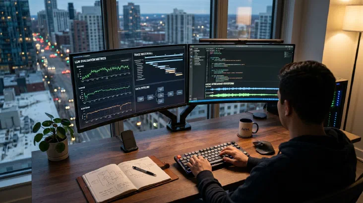 An AI engineer workstation with dual monitors displaying evaluation metrics, trace waterfalls, data pipelines, and audio waveforms